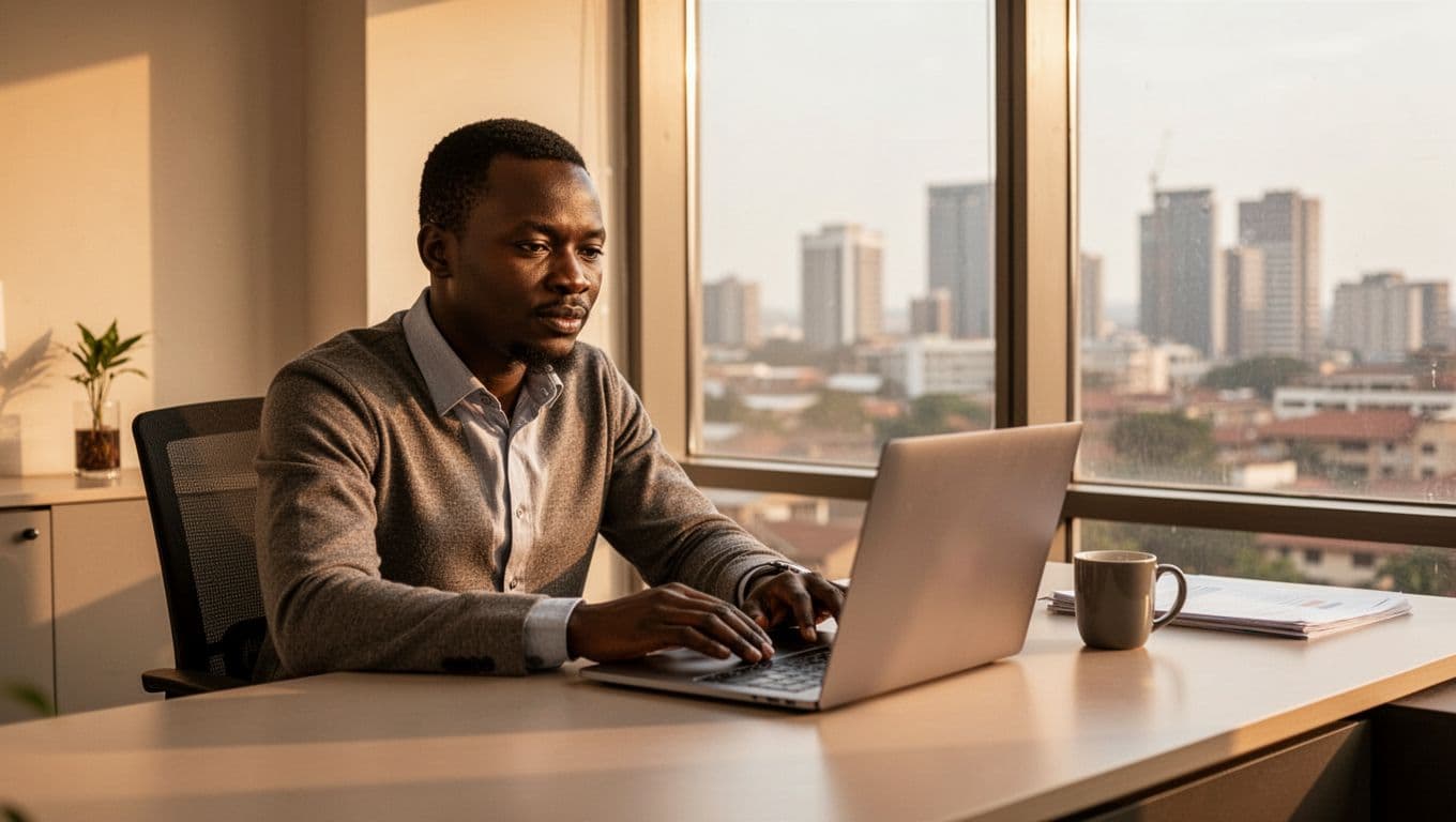 A Kenyan entrepreneur sits at a modern desk in a Nairobi office, laptop open to a blurred domain search page, coffee mug nearby, city skyline through window, warm natural light, realistic photo.