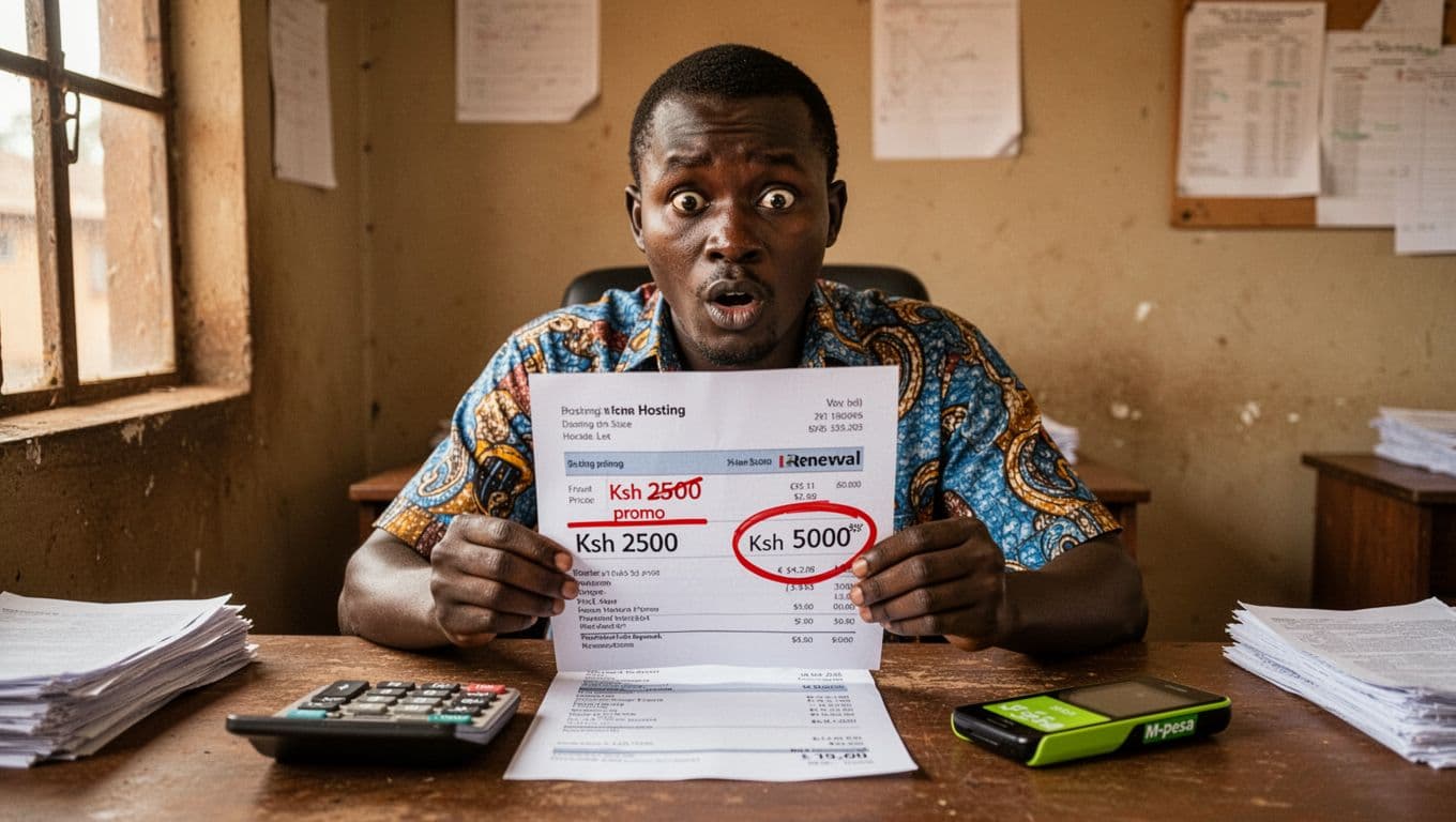 A Kenyan small business owner in a modest Nairobi office examines a printed web hosting bill showing a crossed-out first-year promo price of Ksh 2500 next to a circled higher renewal price of Ksh 5000, with a surprised expression, calculator and M-Pesa phone nearby under natural daylight.