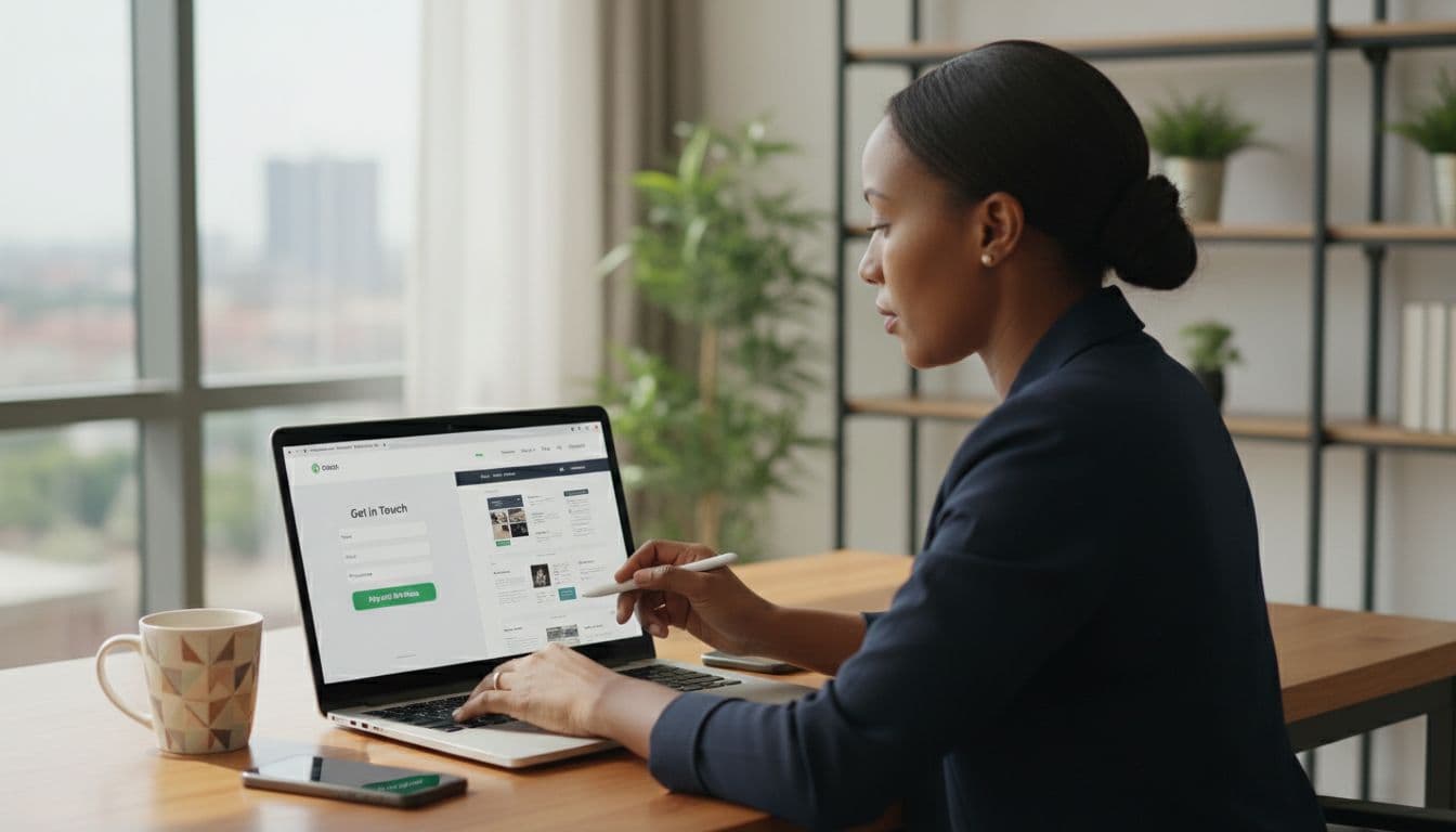 Kenyan entrepreneur in bright Nairobi office at wooden desk with laptop displaying side-by-side mockups: simple landing page with M-Pesa button versus multi-page website navigation. Focused pose in natural daylight with coffee mug and phone nearby.
