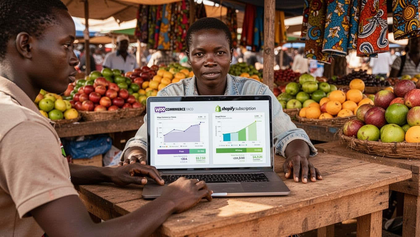 A small Kenyan business owner sits at a market stall in Nairobi, viewing side-by-side pricing charts for free WooCommerce and Shopify subscription on an open laptop amid colorful fruits and fabrics.