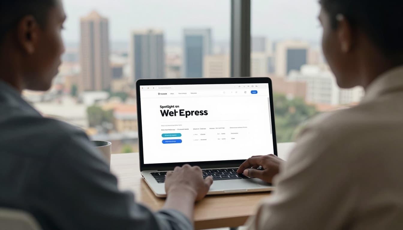 A Kenyan entrepreneur works relaxed on a WordPress website dashboard using a laptop in a modern Nairobi office, with the city skyline visible through the window under natural light in a realistic photo style.