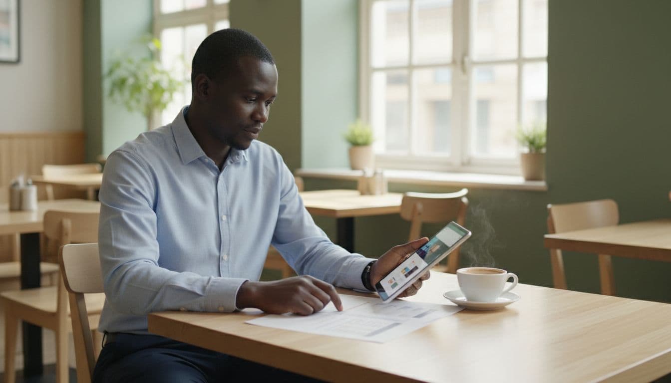 A focused Kenyan entrepreneur in a bright modern Nairobi cafe reviews a website mockup on a tablet and a printed pricing sheet on the table, with a coffee cup nearby and natural daylight.