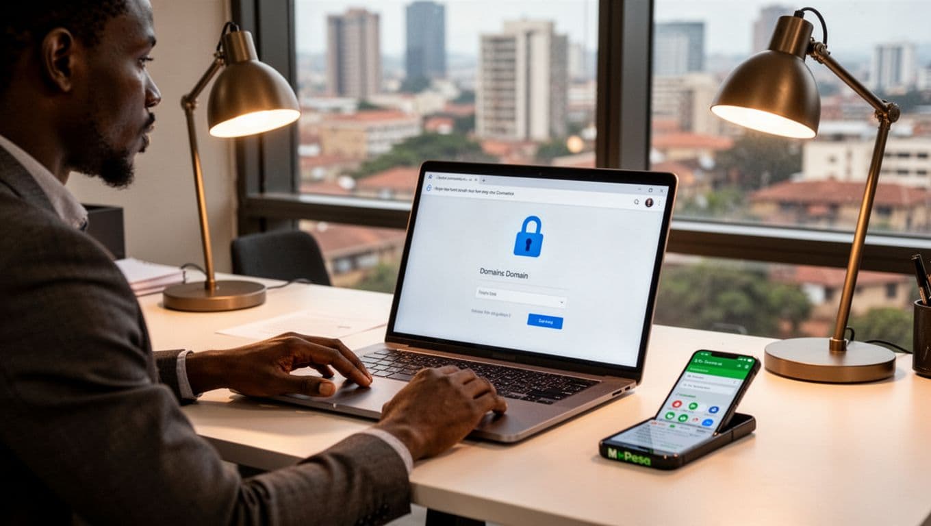 A Kenyan entrepreneur at a modern desk in a Nairobi workspace, laptop showing secure connection padlock and blurred domain setup page, M-Pesa phone nearby, warm lamp, and city view.