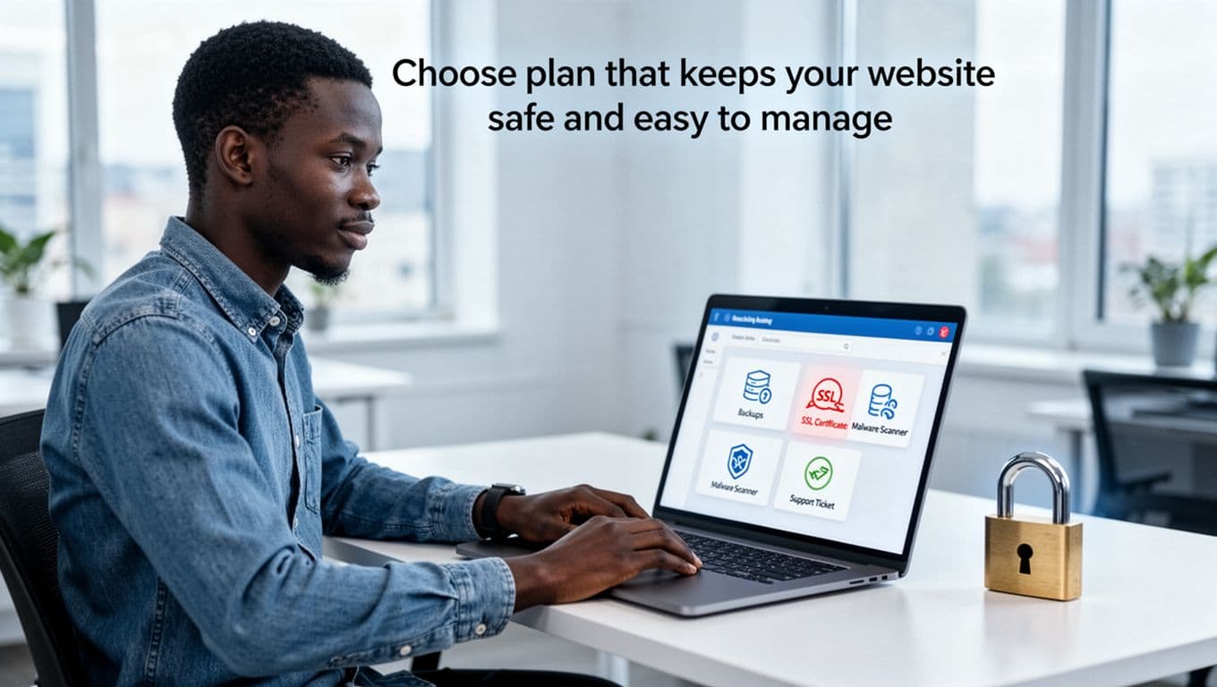 A professional young Kenyan man in a button-up shirt sits relaxed at a modern desk with a laptop displaying simplified hosting dashboard icons for backups, SSL certificate, malware scanner, and support ticket, with a secure lock symbol nearby in a bright office with cool blue tones.