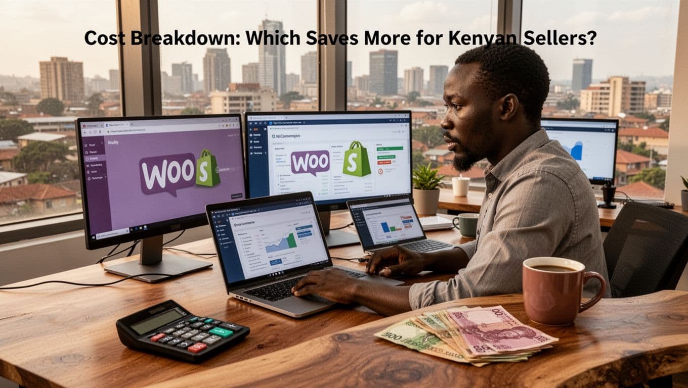 A focused Kenyan entrepreneur in a modern Nairobi office reviews WooCommerce and Shopify options on dual laptop screens, with a calculator holding Kenyan shillings notes, a coffee mug, and the city skyline visible through the window under warm natural lighting.