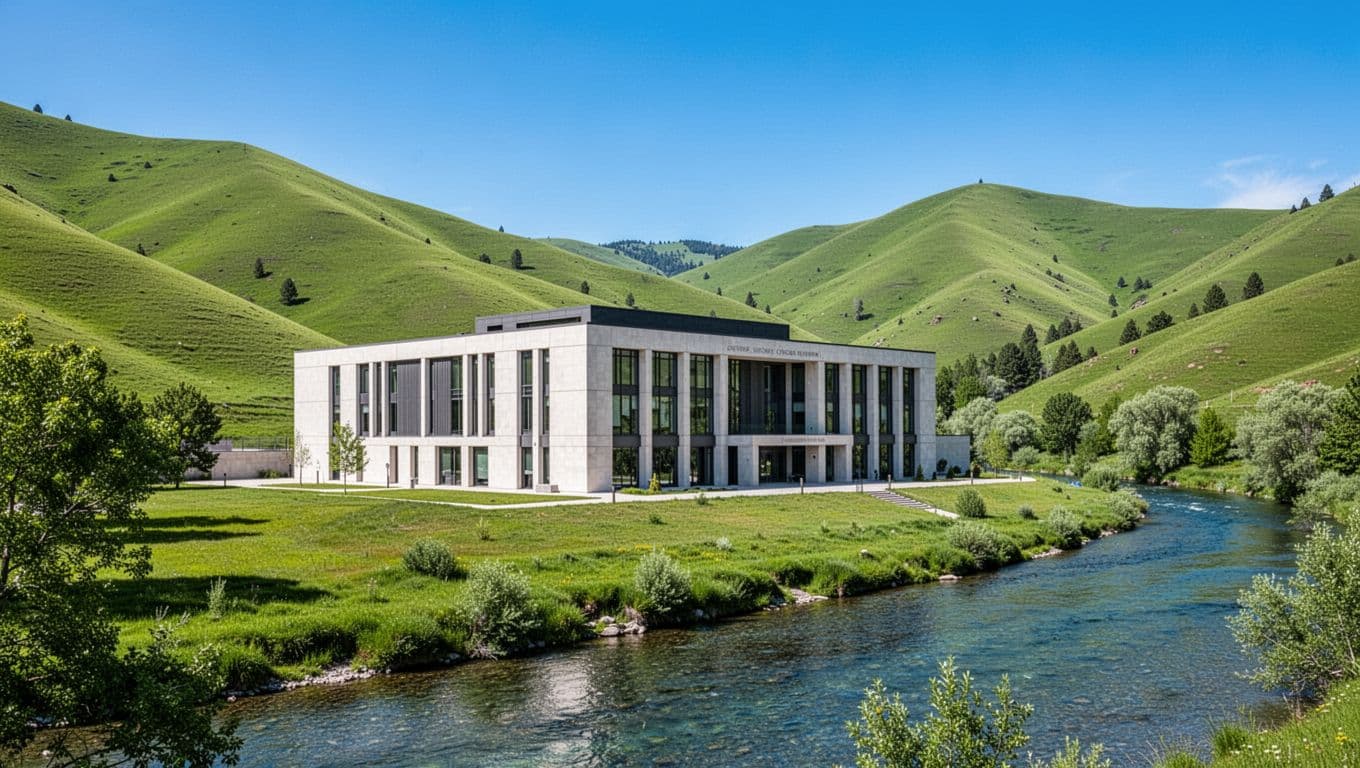 Exterior of the Kenyan Environment and Land Court building with pristine green hills, a clear river, and blue sky in the background, symbolizing protection of nature in a realistic photo style under vibrant daylight.