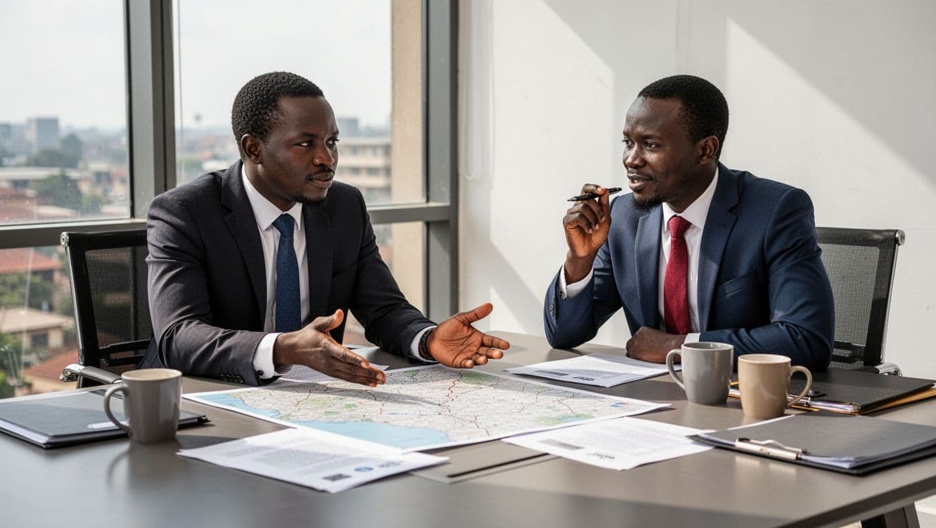 Two Kenyan professionals in business attire sit at a conference table in a modern office, reviewing printed maps and documents related to oil blocks in Kenya, with natural daylight illuminating the organized desk.