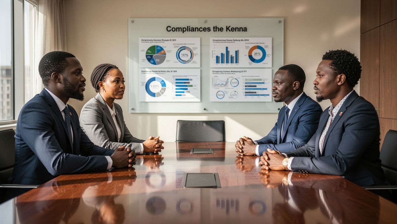 Three diverse Kenyan executives seated in a boardroom, discussing business compliance charts with subtle regulator logos in the background, illuminated by natural window light in a realistic corporate photo style.