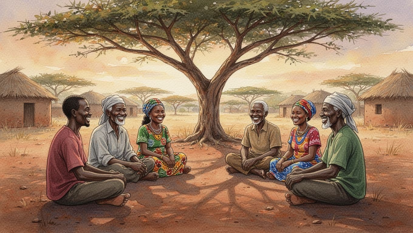 Kenyan family and elders sit in a circle under a large acacia tree in a rural village, smiling as they resolve a land dispute peacefully. Watercolor style with soft blending, visible brush texture, and golden hour lighting featuring exactly six people.