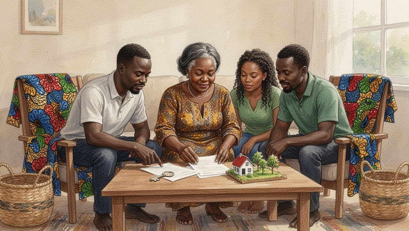 A middle-aged Kenyan surviving spouse and her three adult children—two sons and one daughter—sit around a low wooden table in a cozy living room with kitenge fabrics and woven baskets, thoughtfully examining estate papers, house key, and farm model. Watercolor style features soft blending, visible brush texture, earthy palette, and warm natural sunlight through the window.