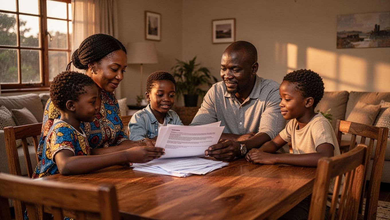 A Kenyan family of four, including parents and two children, seated around a wooden dining table in a cozy home, discussing inheritance papers with relaxed expressions under warm natural evening light.