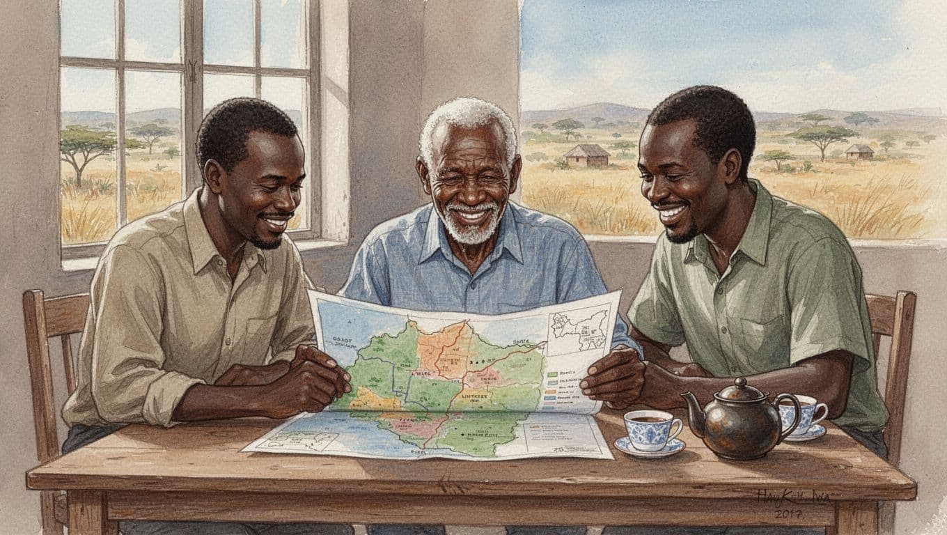 An elderly Kenyan father and his two adult sons sit around a simple wooden table in a rural home, transitioning from tense discussion of a land map to smiles and agreement, in soft watercolor style with natural light and countryside view through the window.