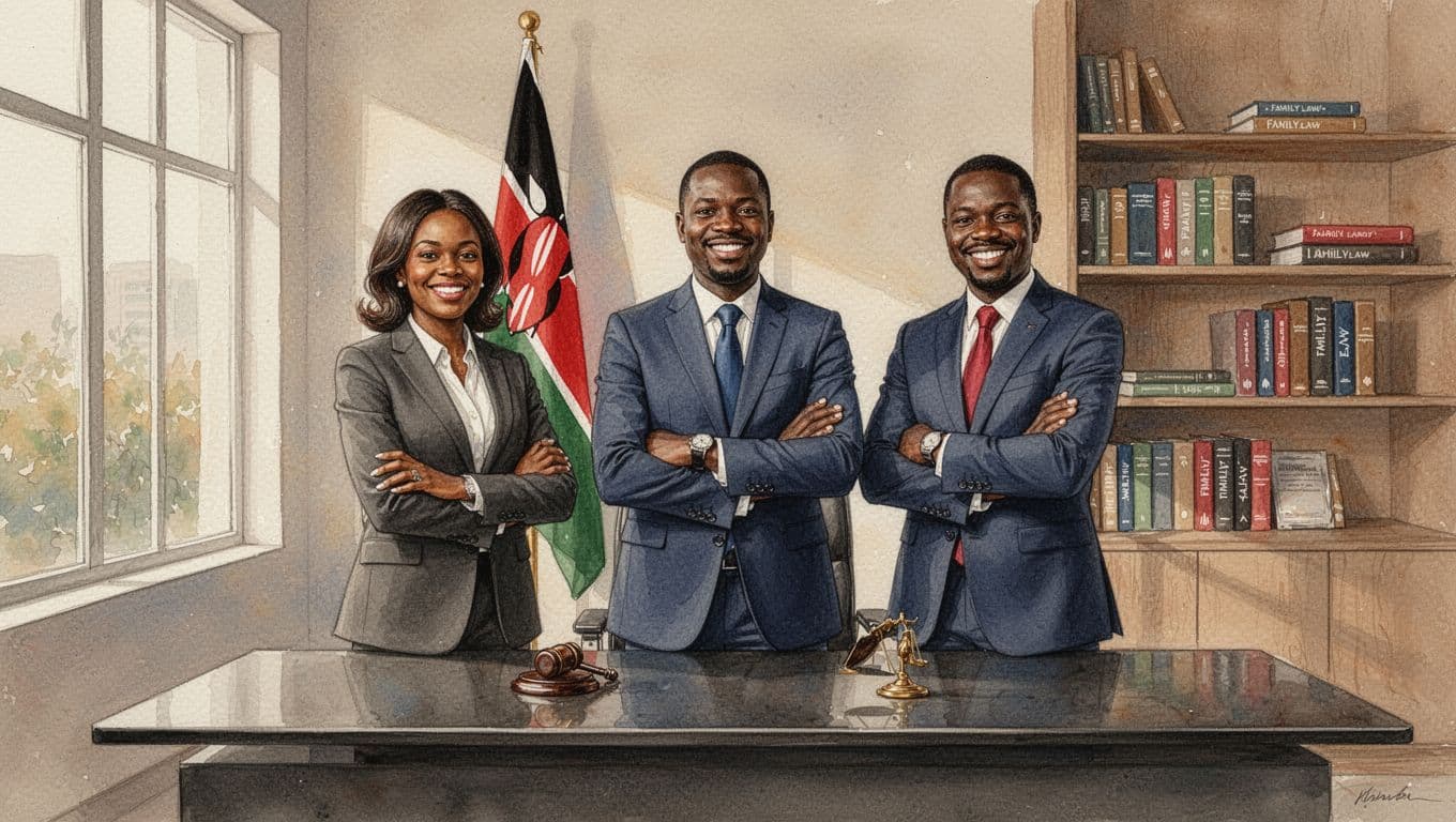 Team of three confident Kenyan lawyers in suits standing in modern Nairobi office with Kenyan flag and family law books, watercolor style with warm earthy palette.
