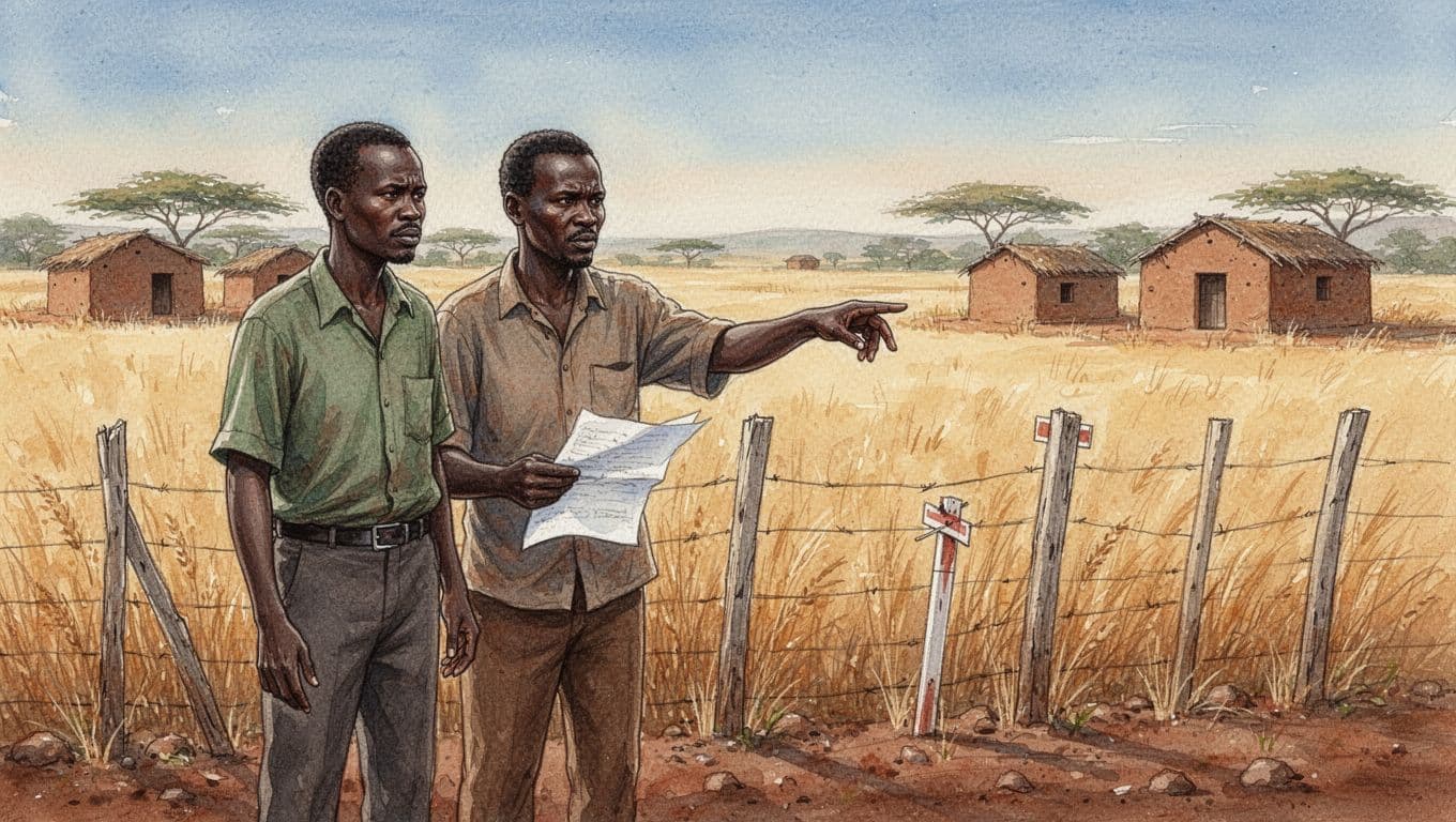 Two Kenyan farmers stand seriously by a disputed boundary fence with survey markers, one pointing to a land title document, in a wide watercolor landscape of fields and huts under soft afternoon light.