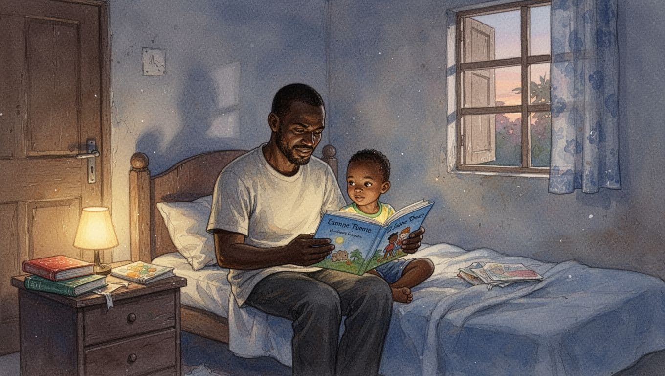 A single Kenyan father in a Mombasa bedroom reads a bedtime story to his 4-year-old son in a protective, calm atmosphere implying safety with a locked door, books, and nightlight on the table. Watercolor style features soft blending and visible brush texture under soft evening light, exactly two people, no mother.