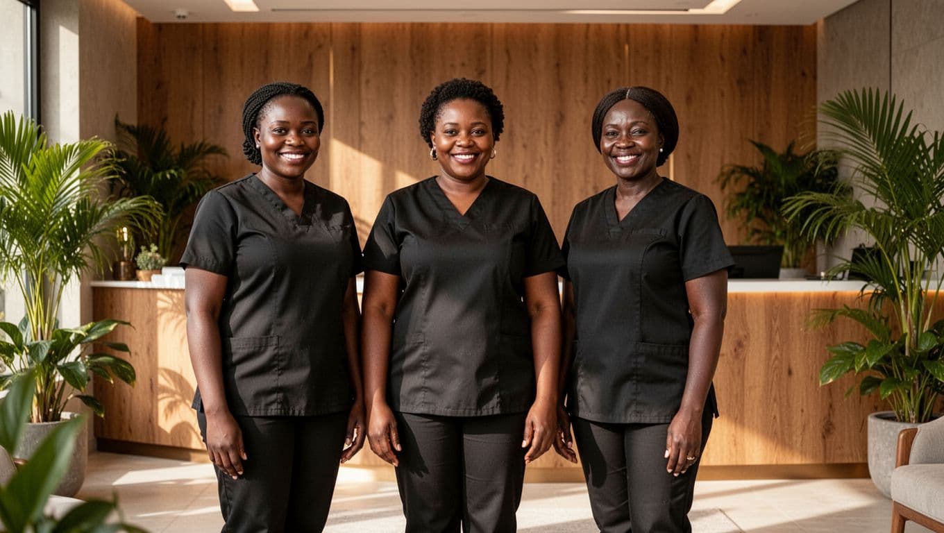 Best Full Body Massage Spa in Nairobi 8 Three professional female Kenyan massage therapists in black uniforms stand smiling confidently together in a modern spa reception lounge in Nairobi Kilimani, with diverse builds and ages 25-45, welcoming expressions amid wooden decor and tropical plants.
