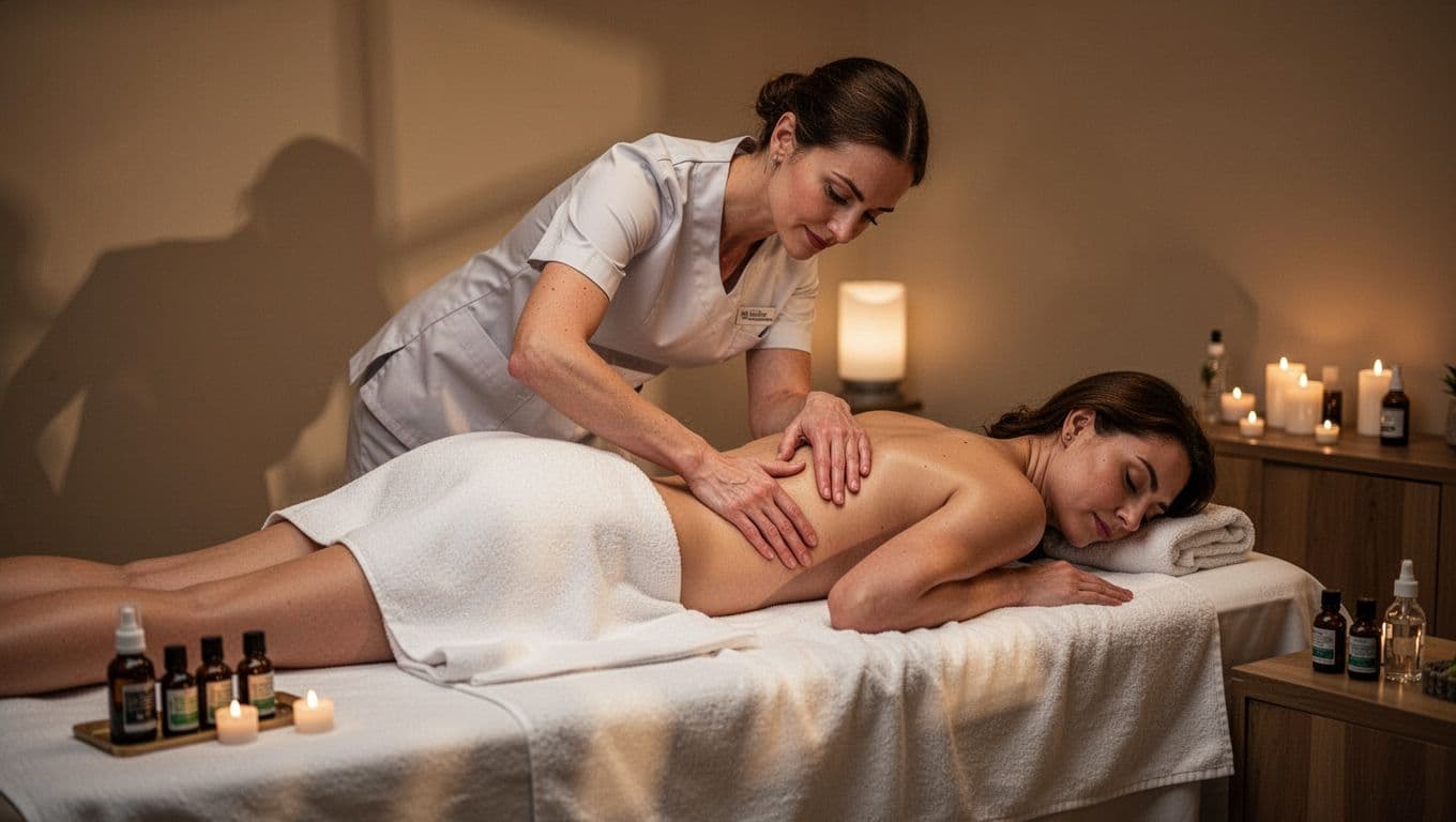 Best Full Body Massage Spa in Nairobi 5 A skilled female Kenyan massage therapist in professional uniform performs a deep tissue full body massage on a relaxed client face down on a spa table, focusing on lower back and legs with firm strokes in a serene spa room.