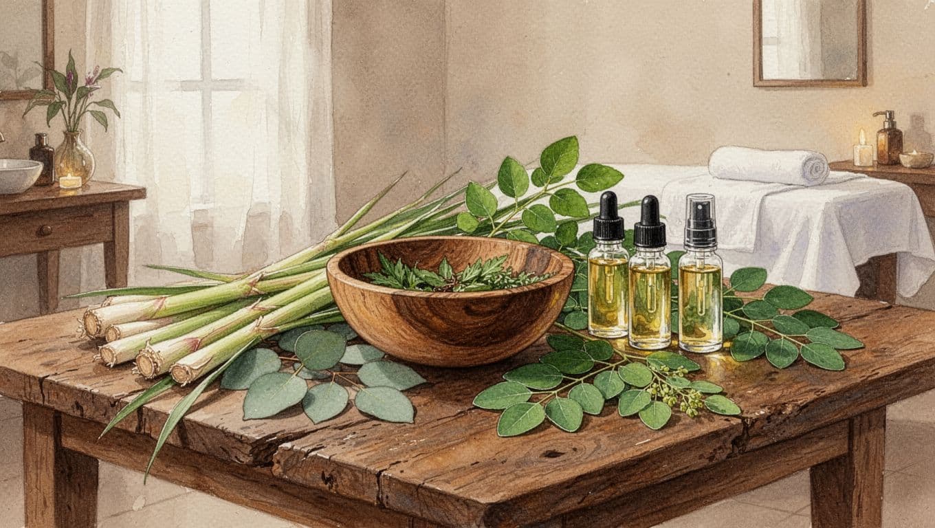 Assortment of natural Kenyan herbs like lemongrass, eucalyptus, moringa, and essential oil bottles arranged on a rustic wooden spa table in a serene Nairobi spa room, in watercolor style with soft blending and warm earthy palette.