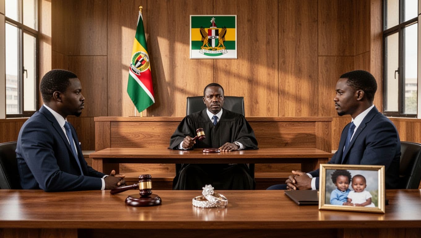 Modern interior of a Kenyan High Court featuring one judge at the bench holding a gavel, two lawyers arguing a family law case, Kenyan flag on the wall, and subtle family symbols like a wedding ring and child photo on the desk.
