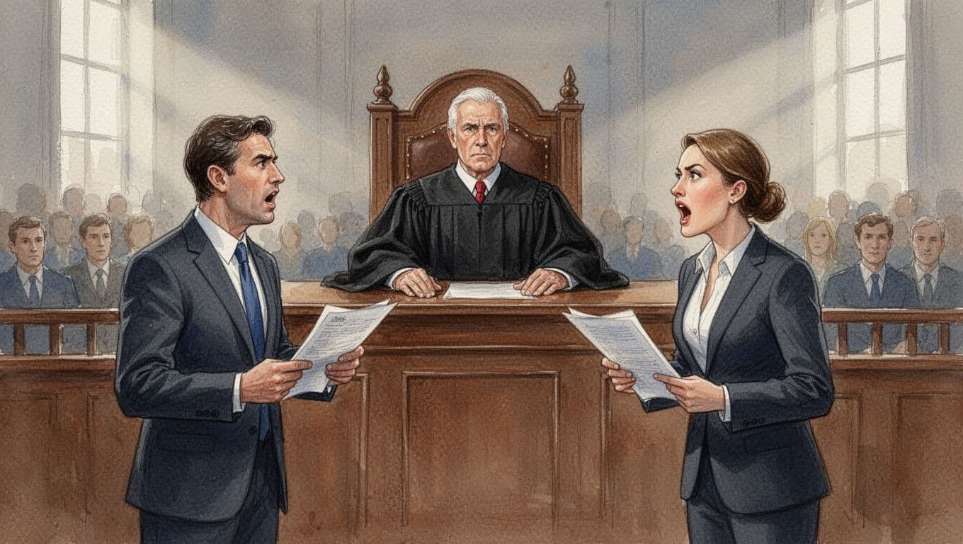 A Kenyan High Court judge in traditional robes sits elevated behind a wooden bench in a formal courtroom, with exactly two lawyers—one male and one female—standing below arguing their case with documents in hand; the public gallery is blurred in the background, rendered in watercolor style emphasizing authority and tension.