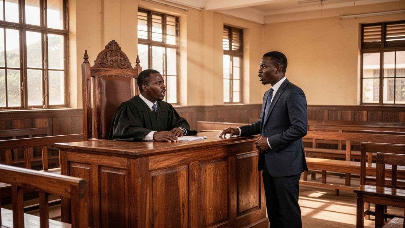Kenyan High Court courtroom in Nairobi features Justice Mwita at the bench with two lawyers passionately arguing privacy rights against IMEI surveillance, empty wooden benches, natural window light, and a dignified atmosphere focused on the judicial decision.