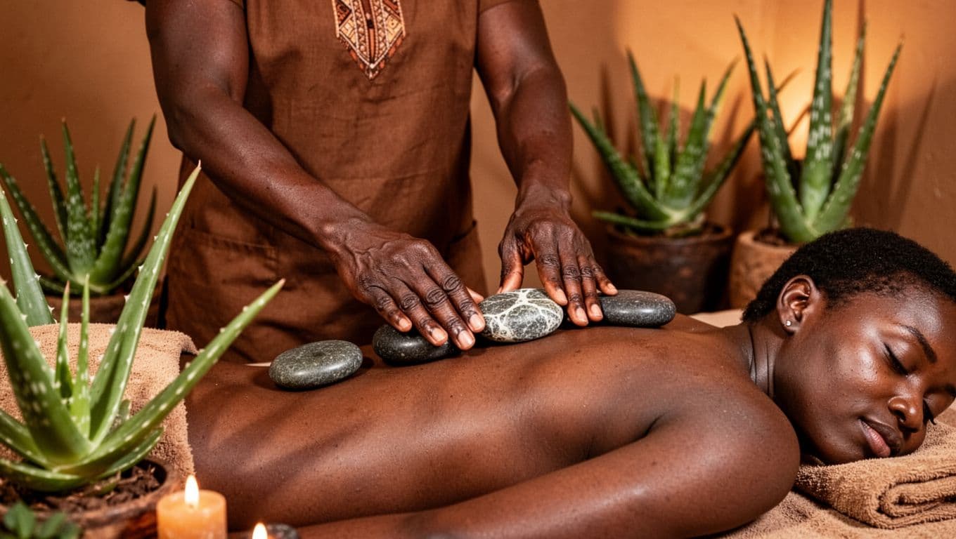 A Kenyan therapist applies smooth hot stones infused with local minerals on the back of a relaxed client in a traditional Nairobi spa, surrounded by African plants like aloe vera under warm ambient lighting and earth-toned decor.