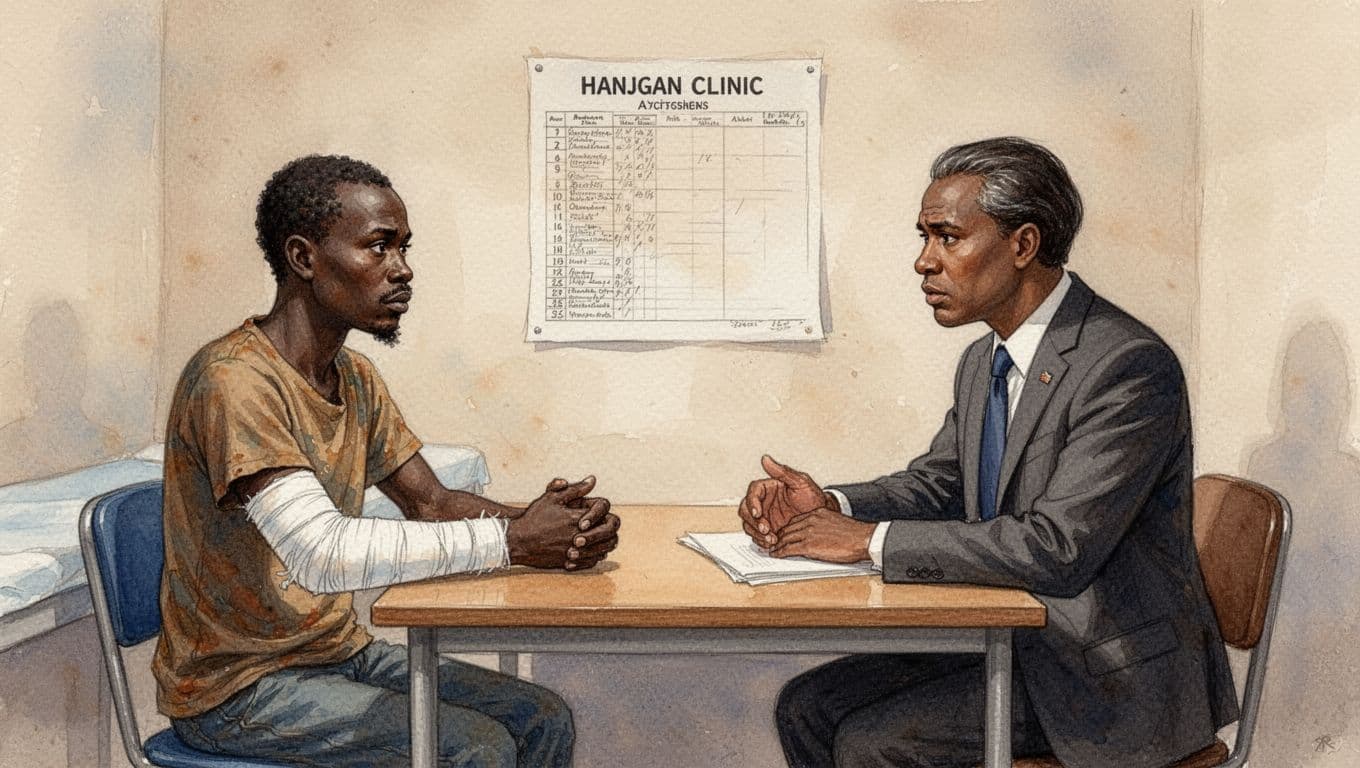 A Kenyan accident victim with a bandaged arm sits in a simple clinic examination room, facing a lawyer across a desk to discuss an injury claim, both with concerned expressions. Watercolor painting style features soft blending, visible brush texture, warm earthy tones, and focused composition on the two individuals.
