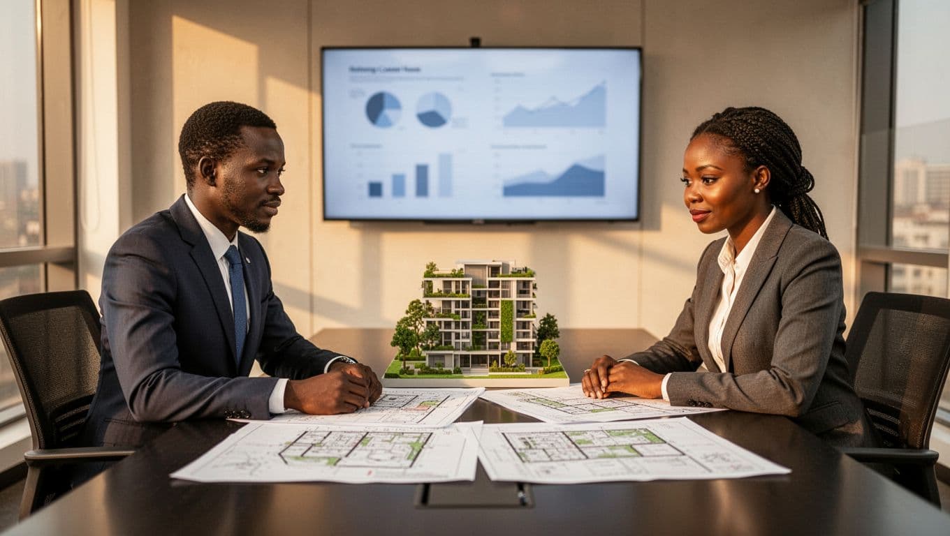 Two professional Kenyan investors—a man and a woman—in business attire sit at a conference table in Nairobi, studying satellite town property maps and green building scale models, with blurred REIT charts on the background screen.