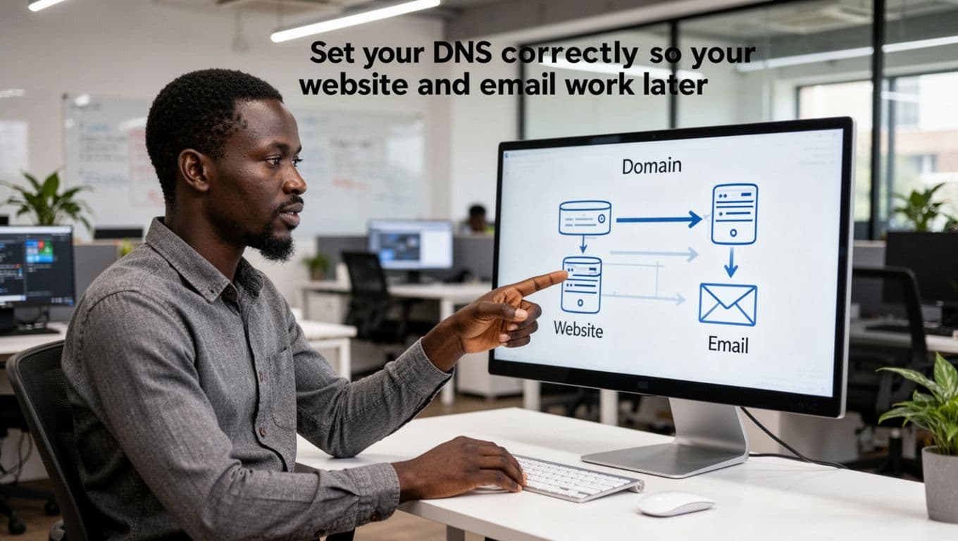 A Kenyan IT professional in a modern Nairobi co-working space points relaxedly at a monitor displaying a simple diagram of a domain arrow connecting to server icons for website and email, with clean background and bright lighting.