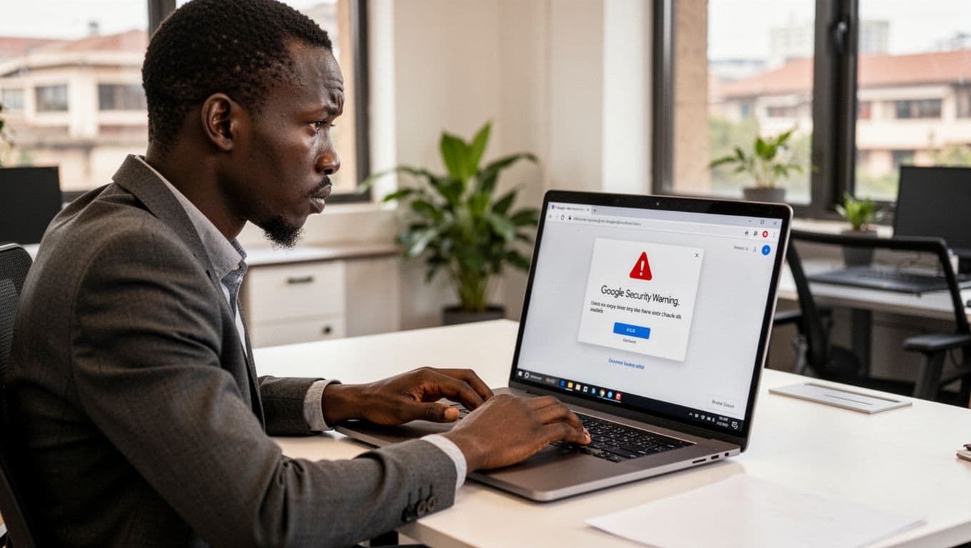 A focused Kenyan IT professional in a modern Nairobi office sits at a desk with a laptop displaying a Google security warning for a hacked site, showing a concerned expression under natural daylight.