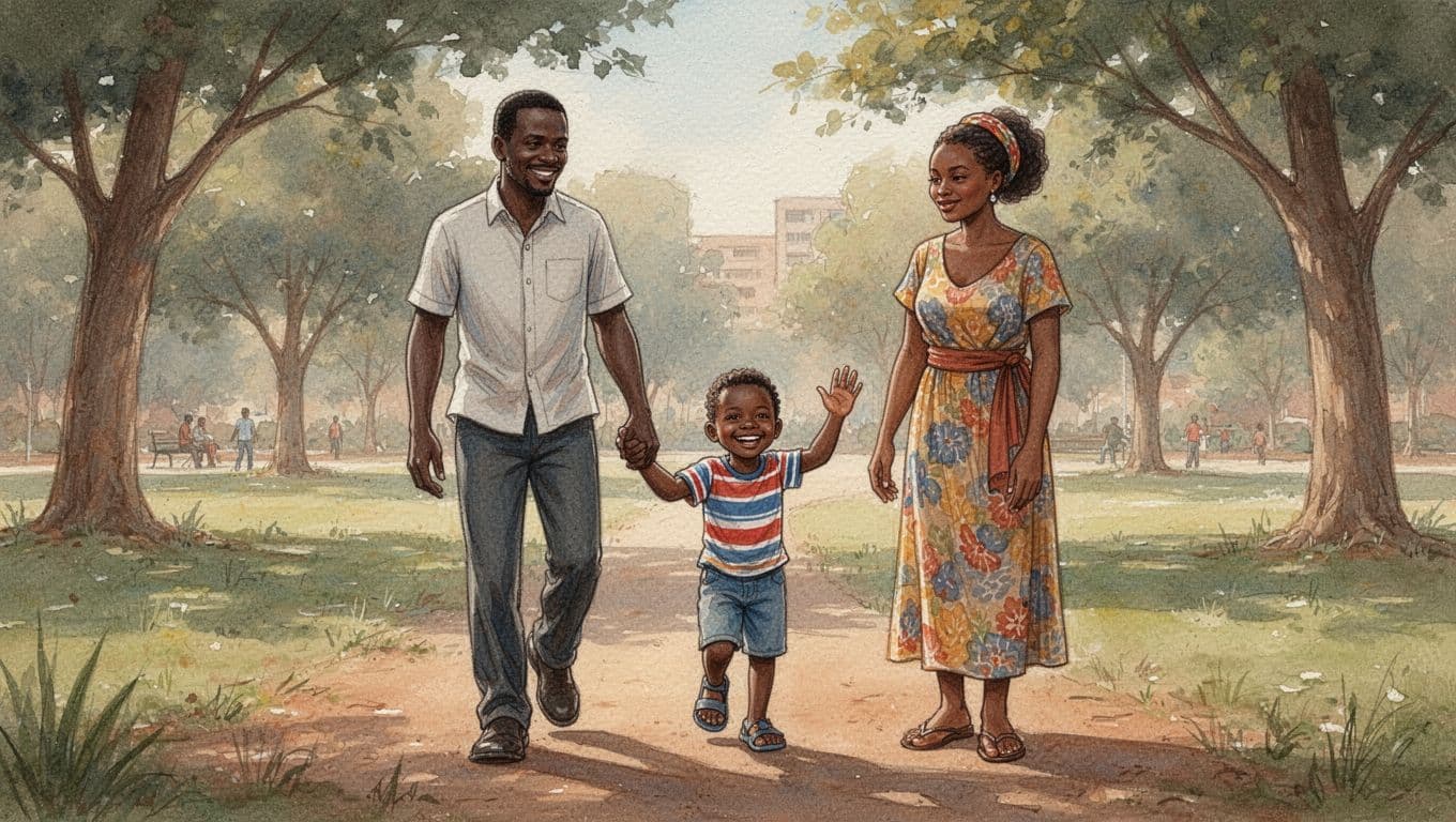 Watercolor illustration of a Kenyan father walking with his smiling 6-year-old son in a Nairobi park, child waving to mother waiting nearby for her custody week, shared calendar in father's hand, warm earth tones.