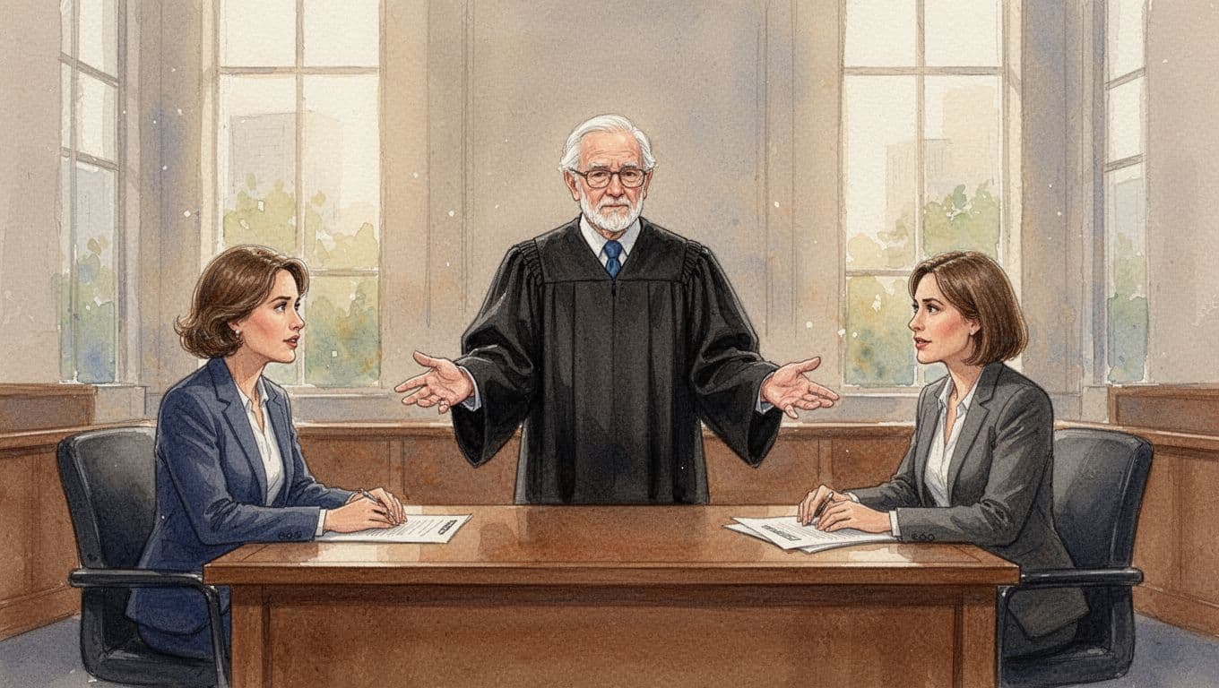 A Kenyan judge in black robe stands centered in a modern courtroom, gesturing to two focused professionals at the counsel table about ADR referral to mediation. Watercolor style features soft blending, visible brush texture, and warm natural window lighting, with exactly three people and front composition.