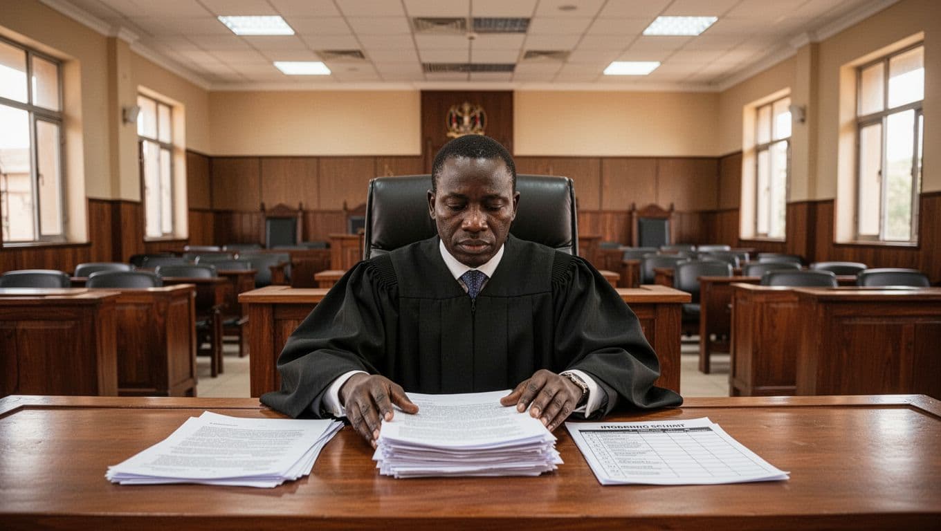 Kenyan judge in black robes seated at a high court bench in a contemporary Nairobi courtroom, reviewing printed case documents with an ADR referral checklist nearby under soft lighting.