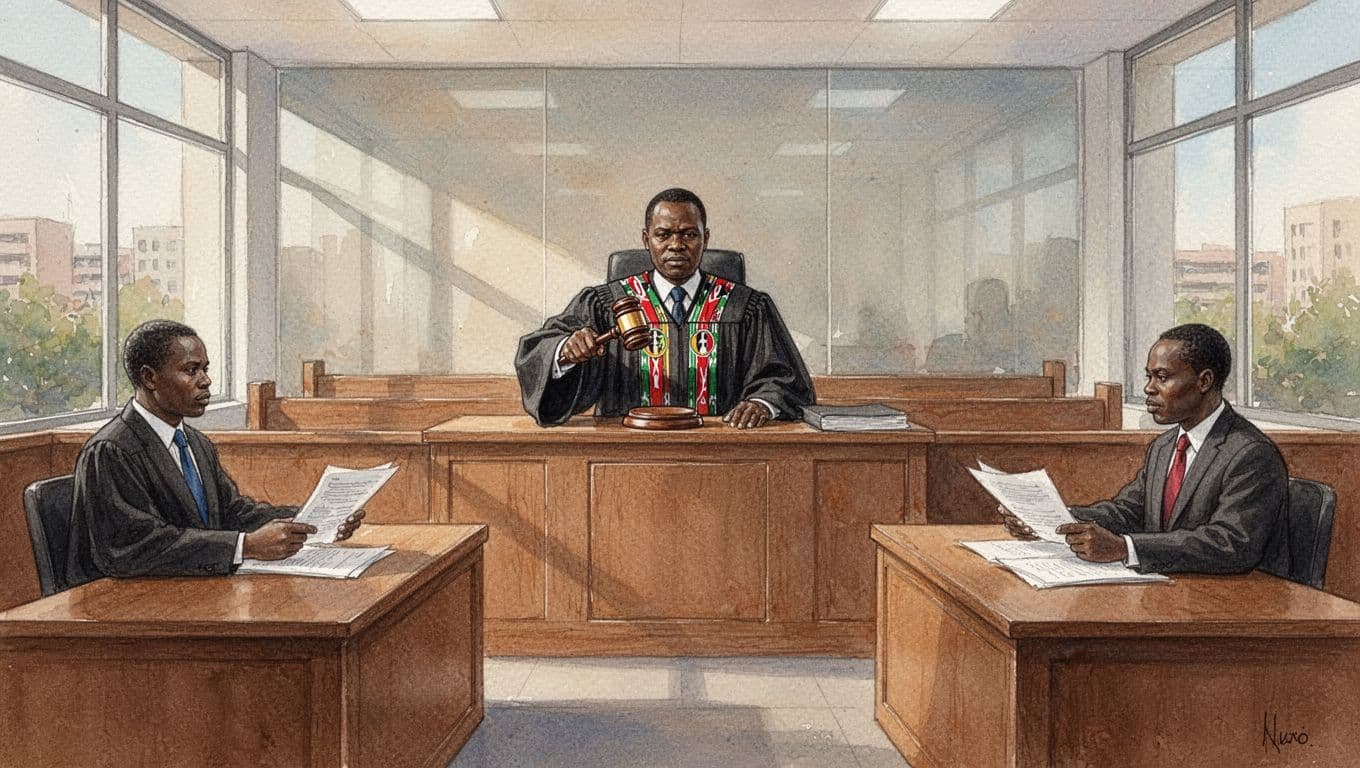 Watercolor painting of a Kenyan judge in traditional robes banging a gavel in a modern Nairobi courtroom during a contract dispute, with two lawyers at tables holding documents; simple composition focusing on the judge using soft blended colors, visible brush strokes, and warm earthy tones.
