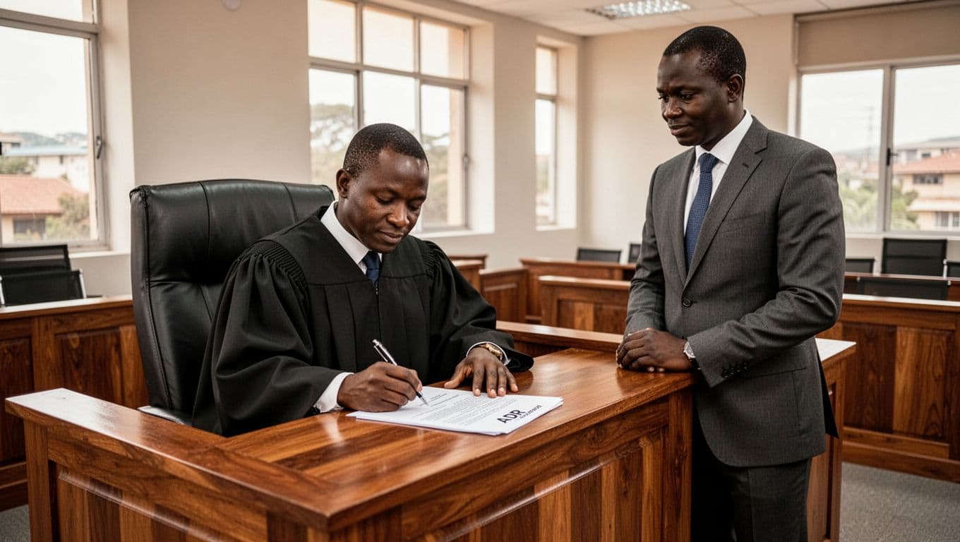 A Kenyan judge in black robes seated at a high wooden bench in a contemporary Nairobi courtroom signs an ADR referral document, with two smiling lawyers in suits standing nearby observing under soft natural light.