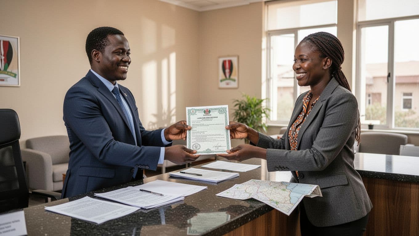 Kenyan lands registry official hands new title deed to smiling buyer across counter, with stamped transfer forms and beacons map on desk in modern government office under bright daylight.