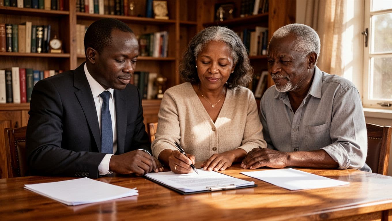 Kenyan lawyer in professional office assists middle-aged couple signing will document on desk with pen and papers, bookshelves background, calm focused mood, natural daylight, exactly three people.