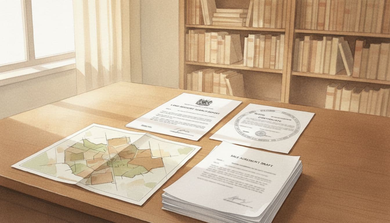 Top-down watercolor view of a wooden desk in a Kenyan lawyer's office displaying essential property transaction documents: land registry search report, rates clearance certificate, survey plan map, and sale agreement draft, bathed in soft natural light with bookshelves background.