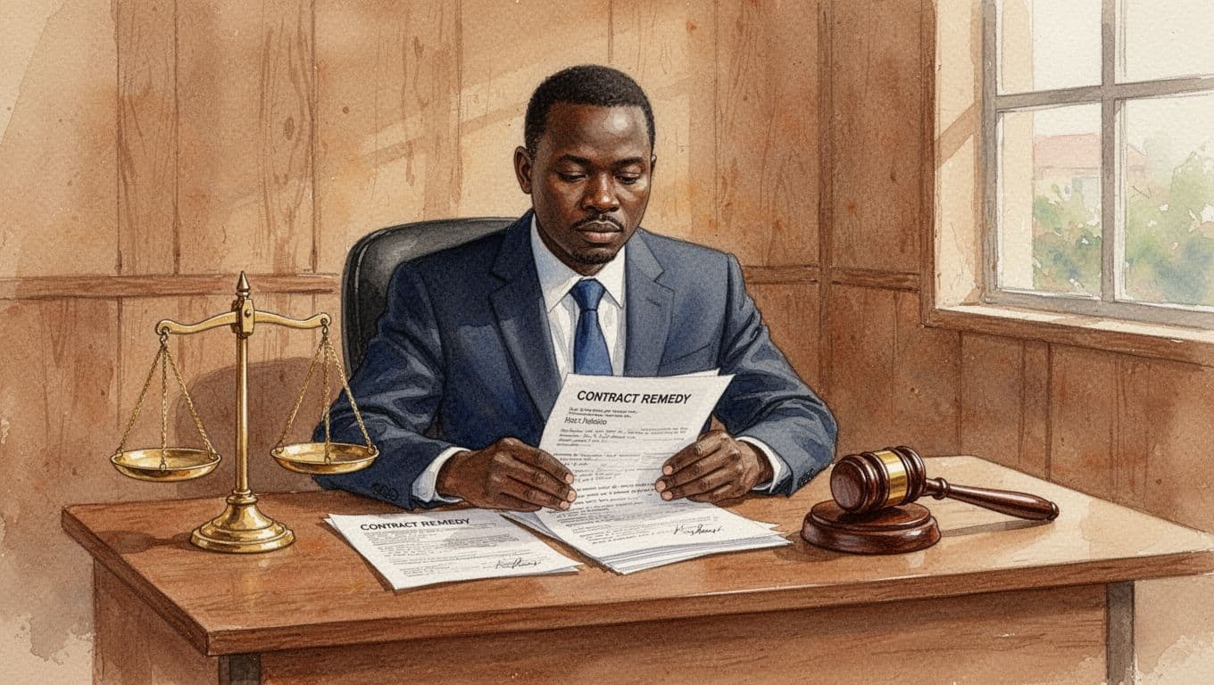 Focused Kenyan lawyer in a simple wooden Nairobi office reviews contract remedies documents with scales of justice and gavel on desk, watercolor style featuring soft blended colors, visible brush strokes, and warm earthy tones.