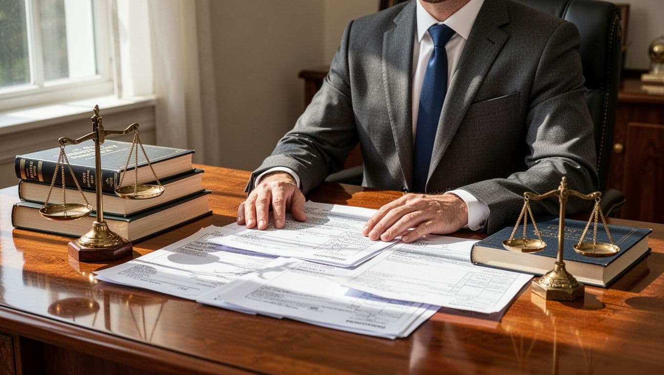A Kenyan lawyer in professional attire reviews key property law books and title deeds on a wooden office desk, with a scales of justice model nearby under bright natural window light, realistic photo style.