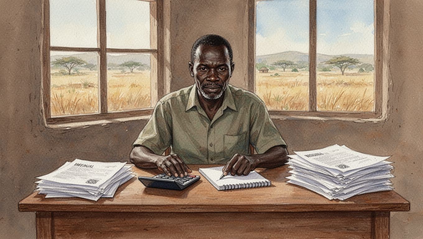 A middle-aged Kenyan man sits at a wooden desk in a modest rural home office, using a calculator to review a notepad with fee estimates next to stacks of legal documents like land titles and contracts, bathed in warm natural light from a window with fields outside, in watercolor style with soft blending and earth tones.