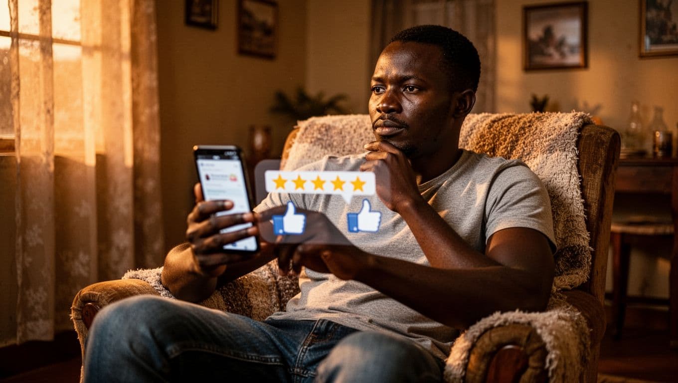A relaxed Kenyan man in casual clothes sits in a cozy armchair at home in Nairobi, holding a smartphone with a blurred screen showing vague review stars and thumbs up icons, looking thoughtful while reviewing massages in warm evening light with cinematic contrast.
