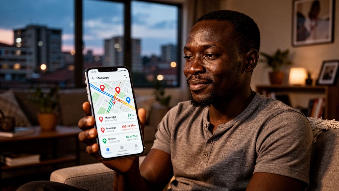 Kenyan man in urban Nairobi apartment at dusk holds smartphone displaying blurred map app with nearby massage pins, distance indicators, traffic, and opening hours; relaxed pose reviewing options in cinematic style with dramatic lighting.
