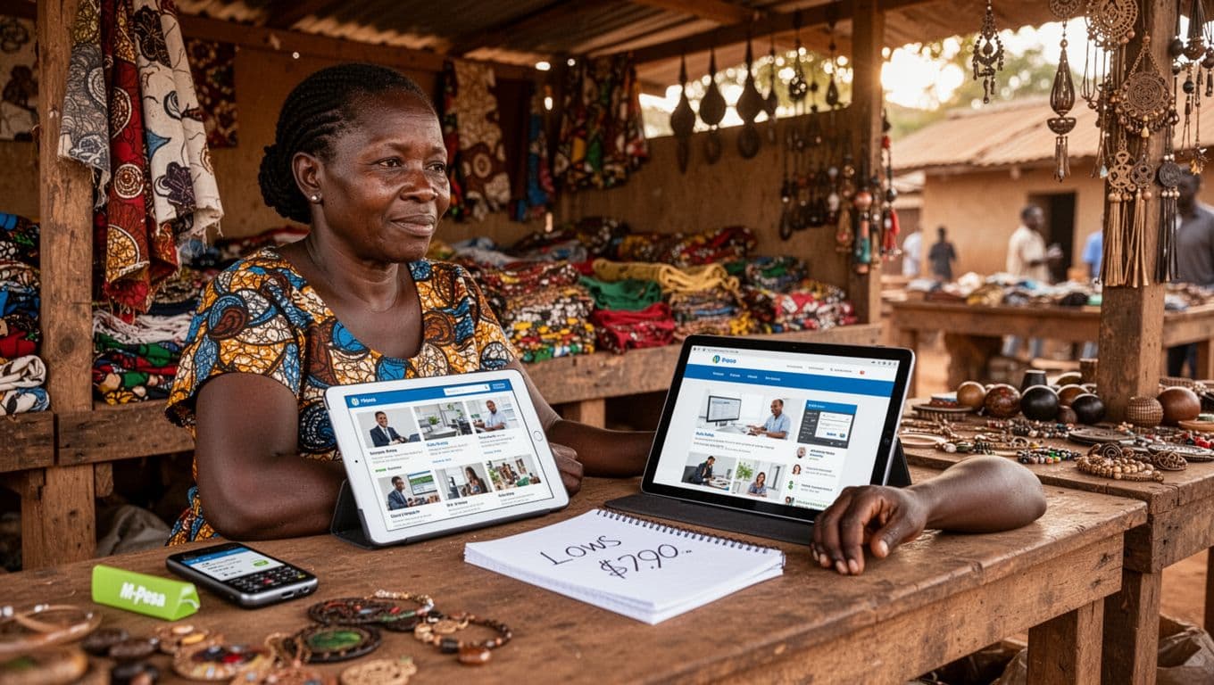 A middle-aged Kenyan woman in a Nairobi market stall filled with fabrics and crafts views her basic single-page company profile website on a tablet next to an M-Pesa phone and notepad, in natural afternoon sunlight with warm earthy tones.