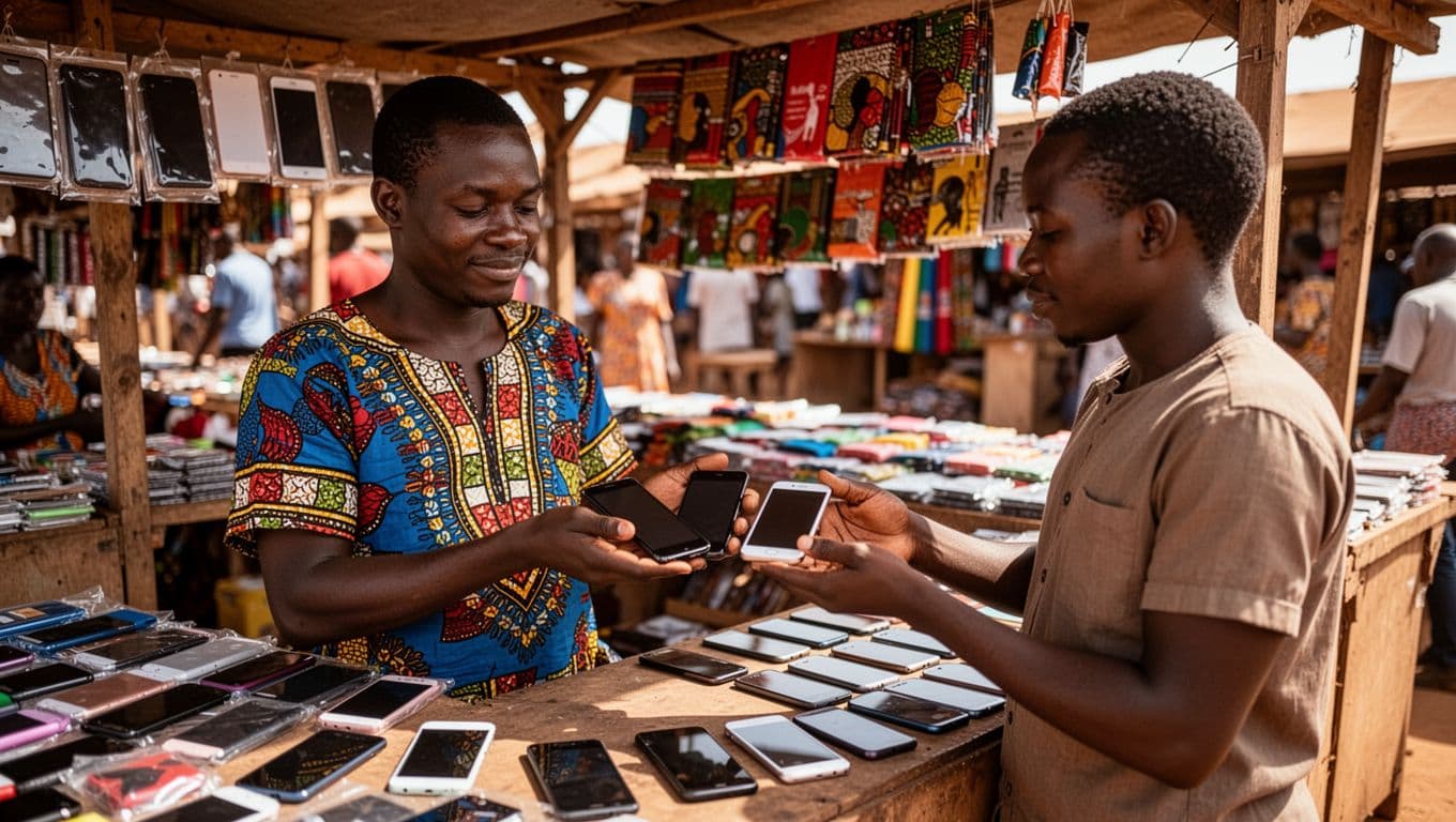 In a busy Kenyan market stall under natural outdoor lighting, a vendor casually shows smartphones to a customer while banned and fake phones are visible in the background, emphasizing caution in unregulated purchases.