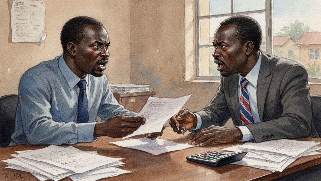 Two middle-aged Kenyan men in business casual attire argue intensely over an unpaid invoice at a cluttered Nairobi office desk, captured in watercolor style with warm earthy tones and soft brush textures.
