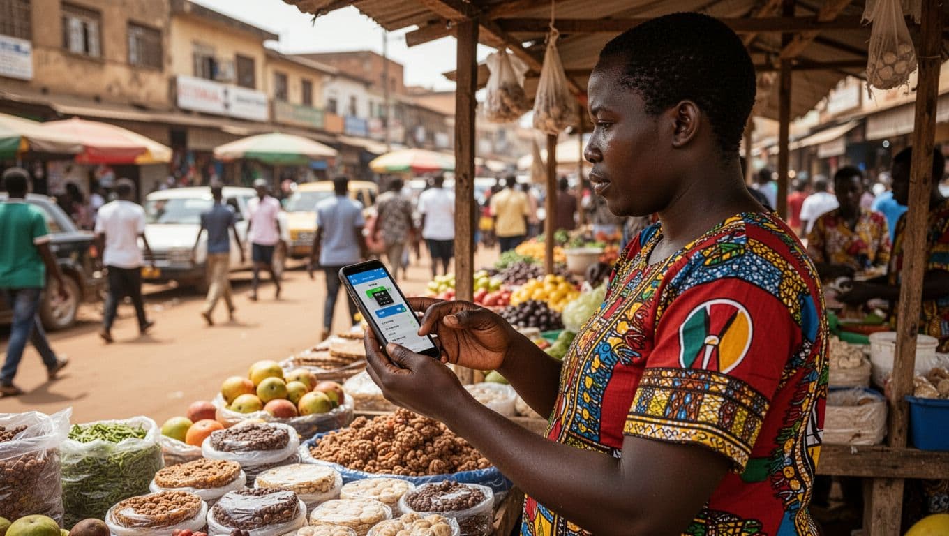 Kenyan ecommerce merchant at a market stall using smartphone for mobile payment checkout amid busy Nairobi street background, realistic photo in vibrant daylight.