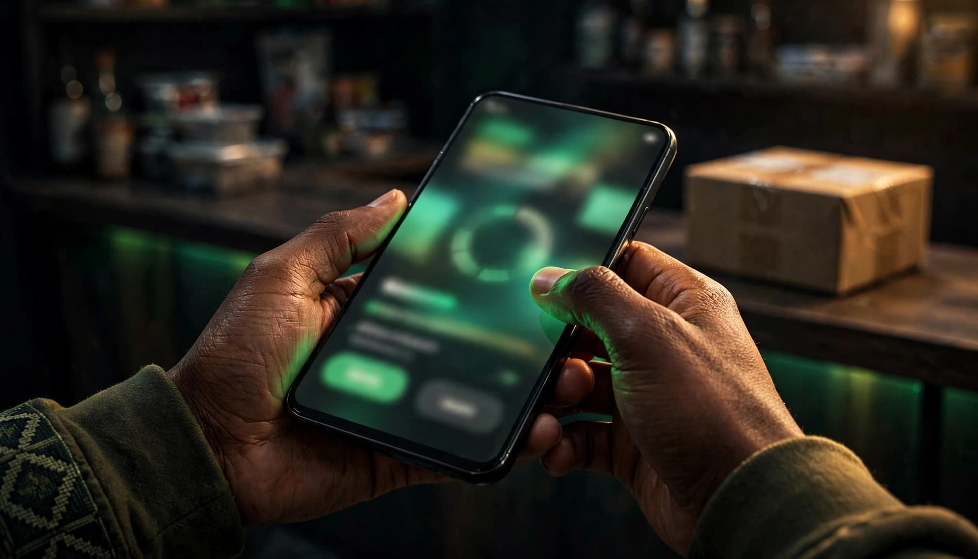 A customer holds a phone beside a shop counter and parcel.
