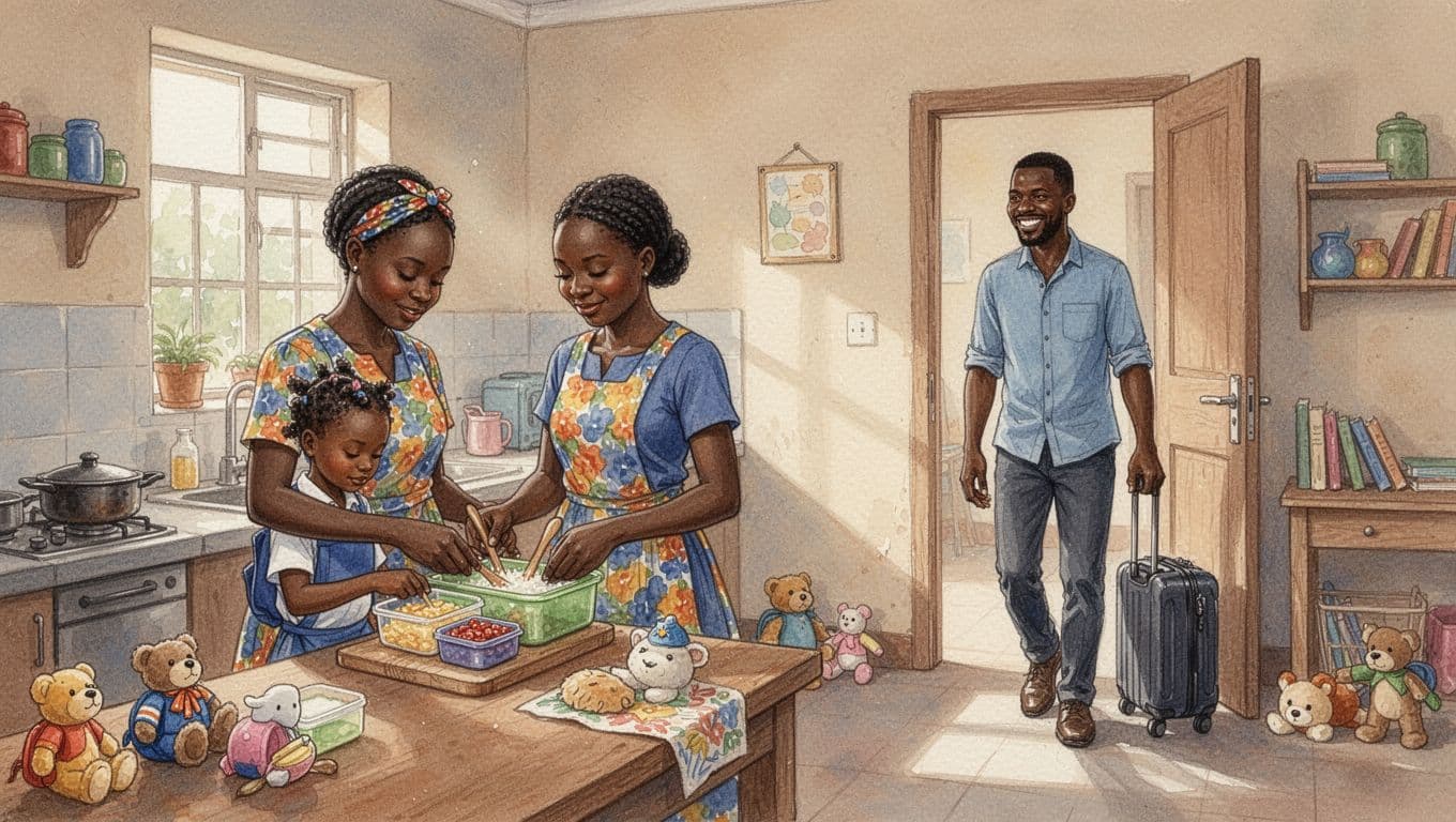 A Kenyan mother and her 8-year-old daughter prepare school lunch in a cozy Kisumu home kitchen, as the smiling father arrives at the door with a suitcase for weekend pickup, in a stable home with toys and books, watercolor style with warm morning light.