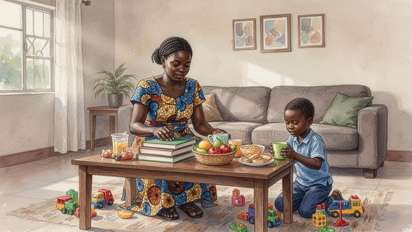 Kenyan mother arranges books and healthy snacks on a table in a clean, spacious Kisumu living room bathed in morning light, while her 7-year-old son plays with toys nearby, in watercolor style emphasizing stability and safety.